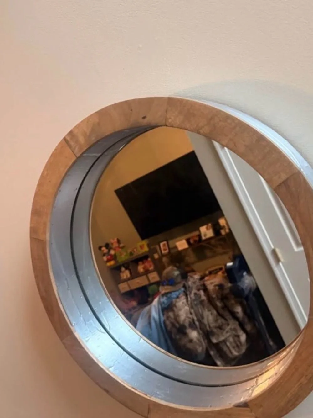 Kirklands Round Wood and Silver Wall Mirror